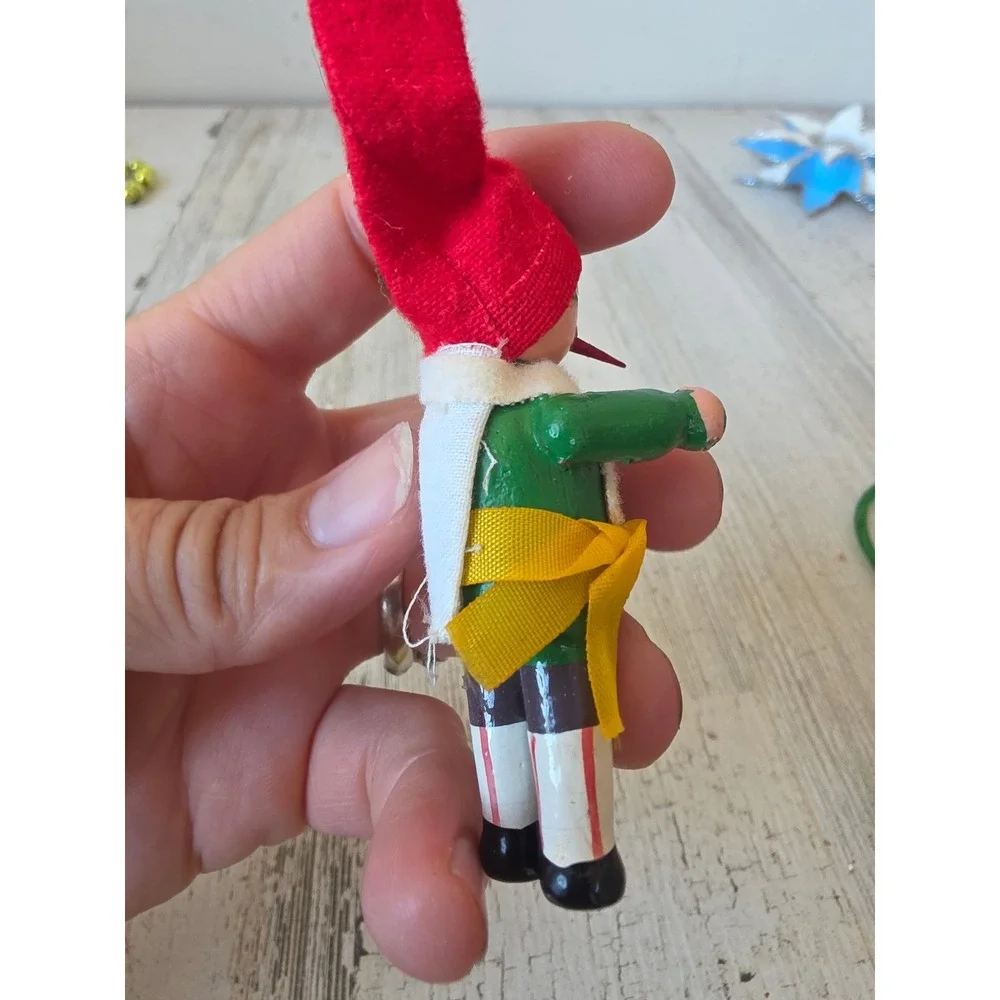 Vintage wooden Pinocchio ornament Xmas tree green red